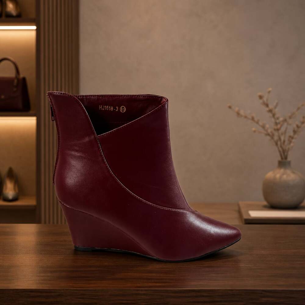 Allegra K Women's Pointed Toe Zipper Wedge Heel Ankle Booties Red Size 8.5 HJ161